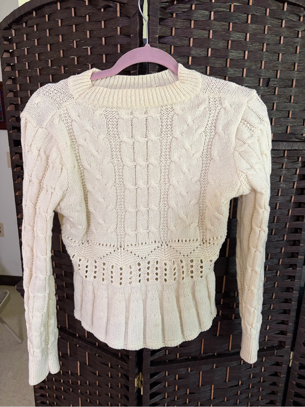 SHEIN Cottagecore Cream Cable Knit Crewneck Sweater with Ruffled Hem